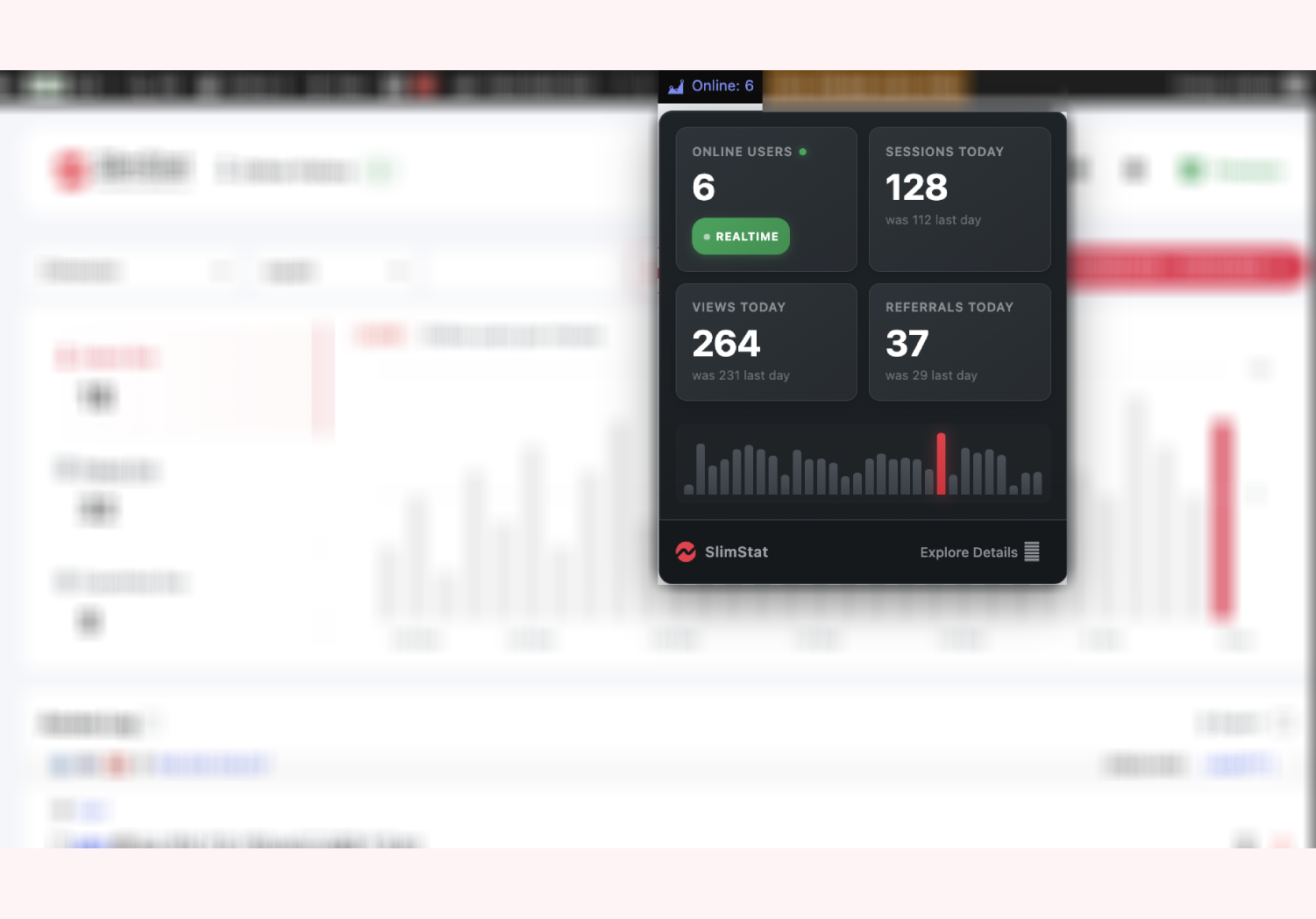SlimStat quick-stats dropdown open in the WordPress admin bar