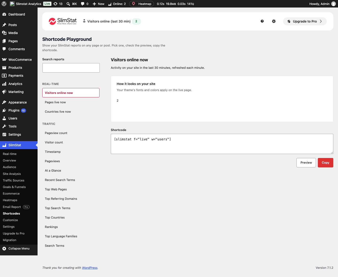 SlimStat Free 6 Shortcode Playground with the live visitor counter and copy control.
