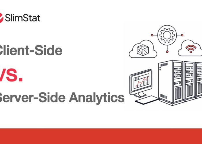 SlimStat logo with bold text reading “Client Side vs Server Side Analytics,” accompanied by a graphic of a monitor showing a red line graph, cloud icons, gears, and a row of server towers representing backend infrastructure and data processing.