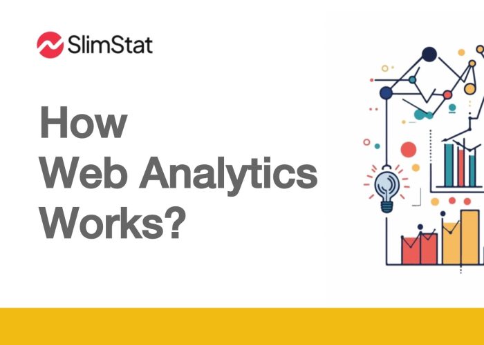 SlimStat branding above the bold title “How Web Analytics Works?” next to a colorful, abstract illustration of charts, graphs, data lines, and lightbulbs representing ideas and insights from web data analysis.