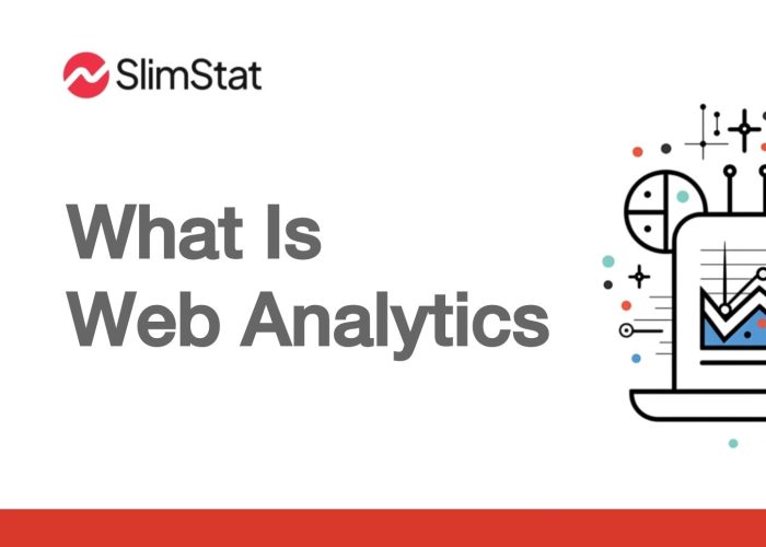 SlimStat branding alongside the bold text "What Is Web Analytics," with an illustration of a laptop showing data charts, graphs, and digital icons to represent analytics and online tracking.