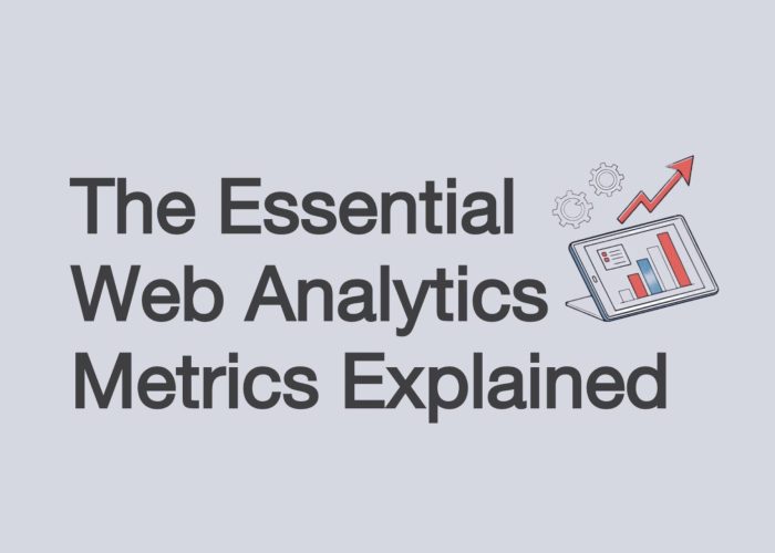 Illustration with the title 'The Essential Web Analytics Metrics Explained' next to a tablet displaying bar charts, gears, and an upward arrow, symbolizing website data and growth.