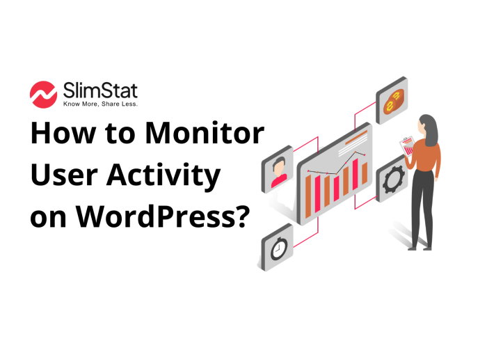Vector illustration of WordPress user activity monitoring with dashboard charts and user icons.