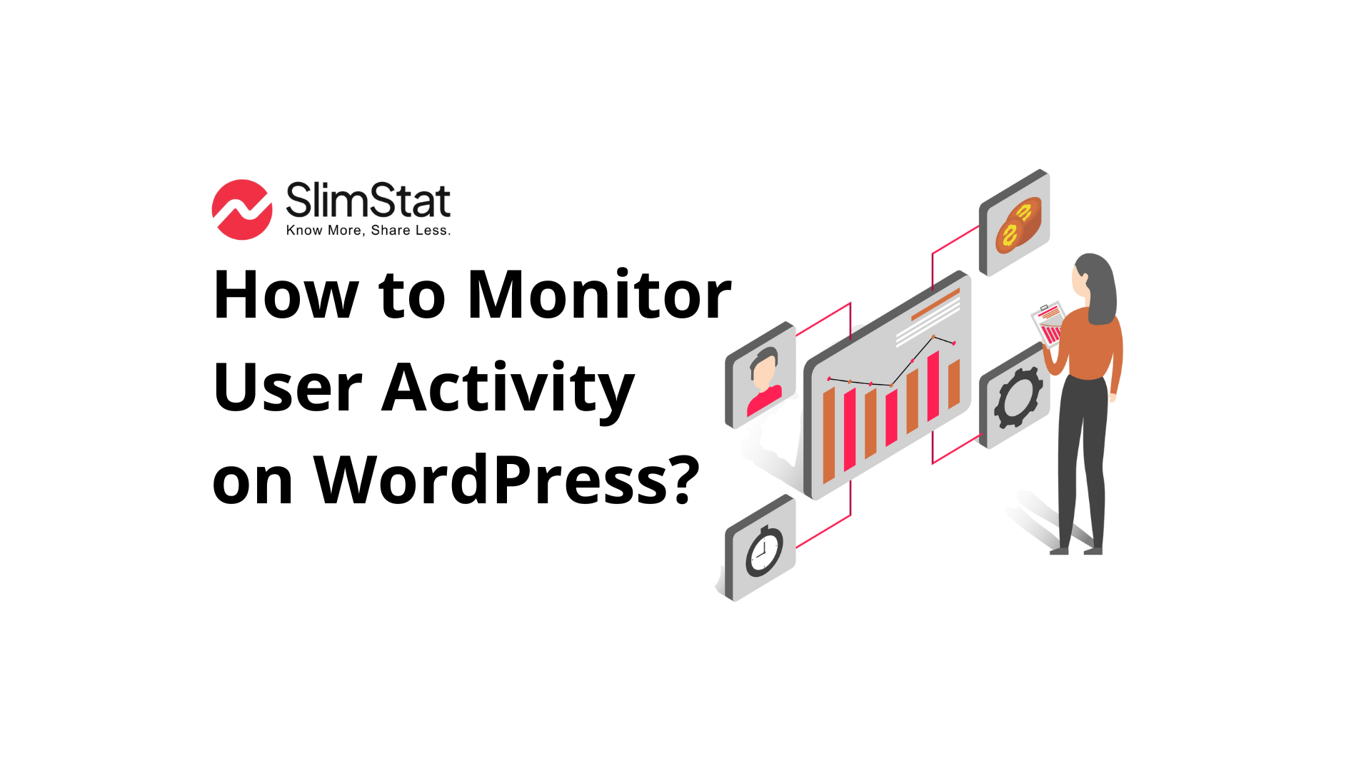 Vector illustration of WordPress user activity monitoring with dashboard charts and user icons.