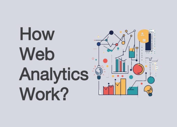 Illustration explaining how web analytics work, featuring data charts, graphs, light bulbs, and analytics icons on a light background with the text 'How Web Analytics Work?'