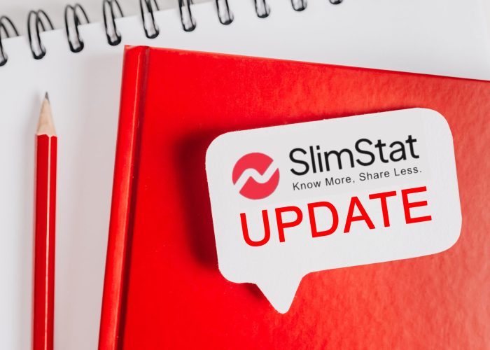 Slimstat Analytics Update — Red notebook with a speech bubble showing the Slimstat logo and the word "UPDATE" in bold red letters, symbolizing the release of version 5.3.