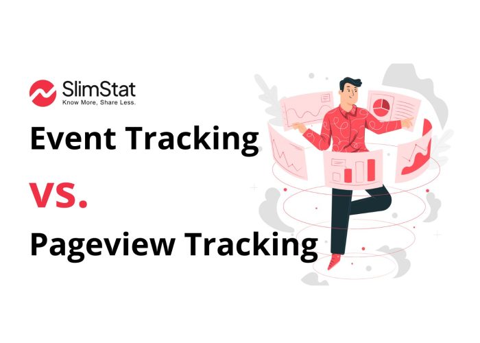 Vector concept comparing event tracking vs pageview tracking on a web analytics dashboard.