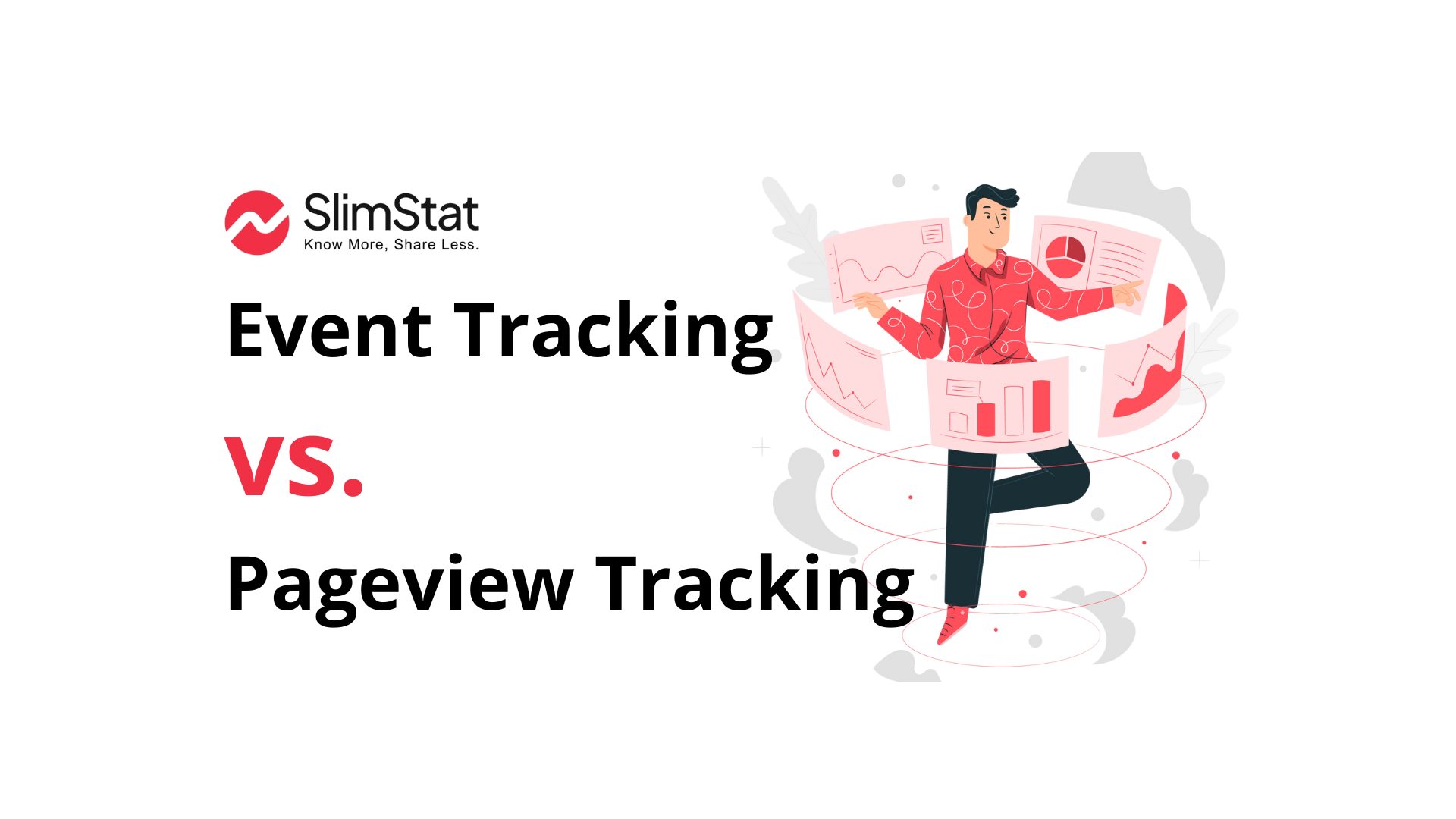 Vector concept comparing event tracking vs pageview tracking on a web analytics dashboard.