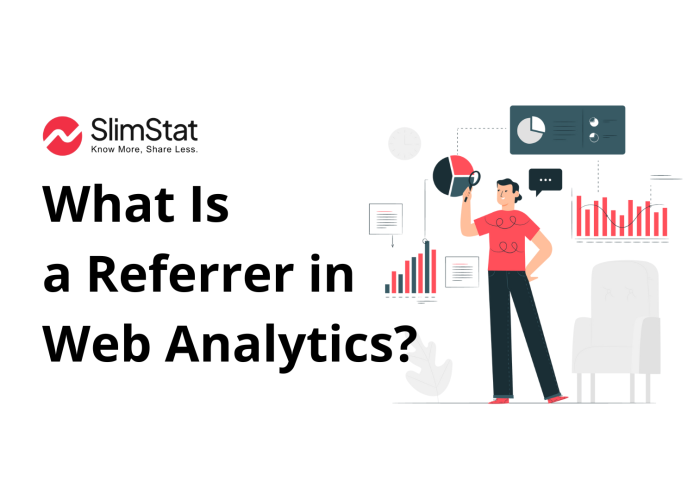 Vector illustration of referrer web analytics, showing arrows from external websites to a browser window.