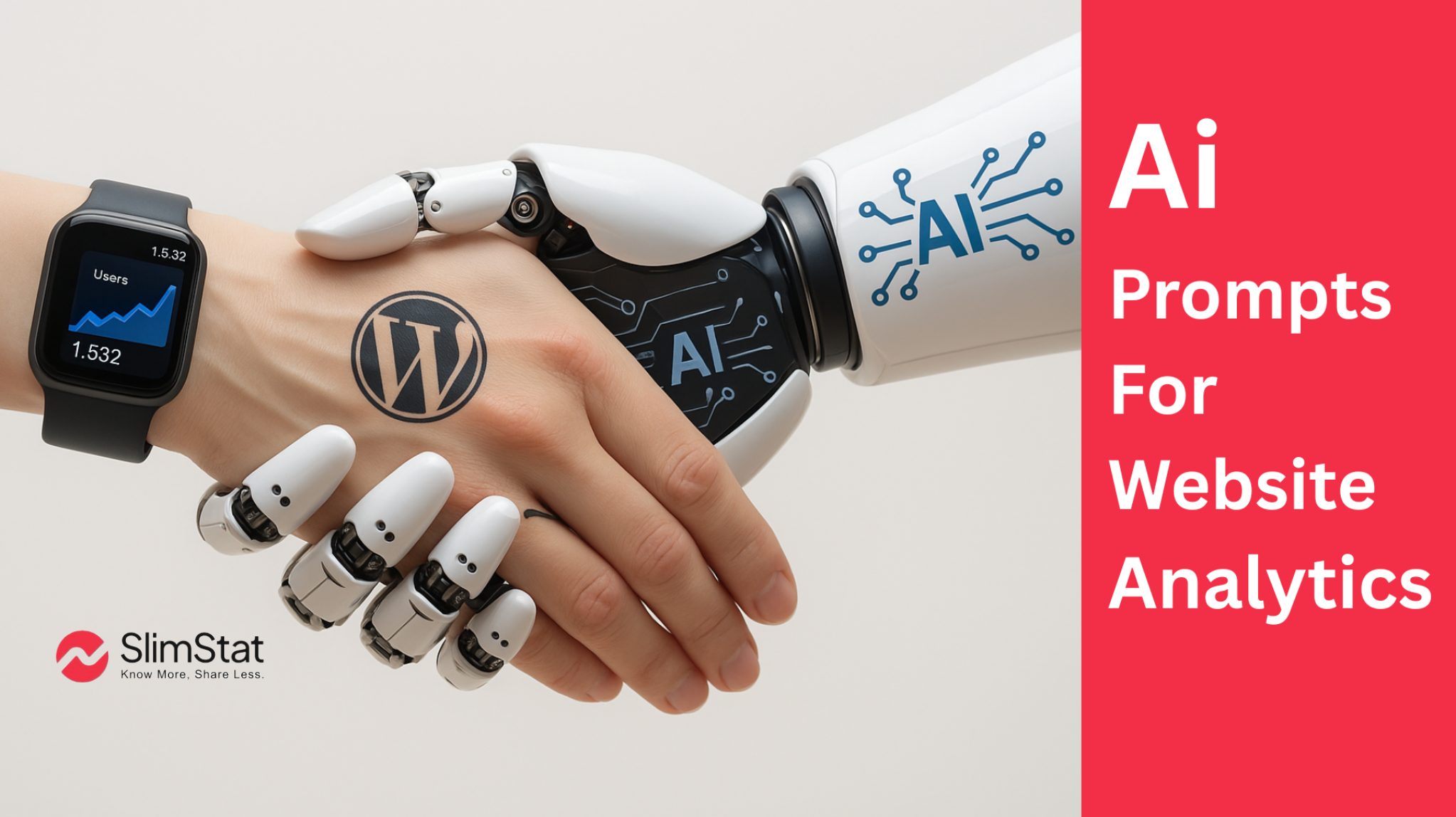 A human hand and a robotic hand are shaking, symbolizing collaboration between humans and AI. The human wrist wears a smartwatch displaying a Google Analytics graph, and there is a WordPress logo tattoo on the hand. The robotic hand has an AI logo integrated into its design. On the right side, there is a red background with white text that reads, "AI Prompts For Website Analytics." The SlimStat logo and tagline, "Know More. Share Less." are visible at the bottom left.