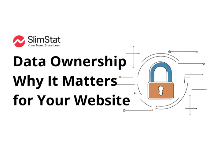 Slimstat banner titled ‘Data Ownership – Why It Matters for Your Website’. The left side displays the Slimstat logo and bold black headline text. On the right side, there is a flat-style illustration of a padlock surrounded by abstract digital lines and connection points in blue, orange, and black, symbolizing privacy, control, and secure data ownership.