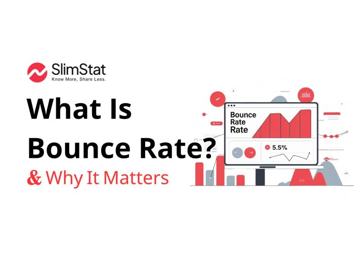 Banner image with the Slimstat logo and the title ‘What Is Bounce Rate? & Why It Matters’. On the right side, a flat-style illustration shows a computer screen displaying bounce rate analytics, charts, and a 5.5% metric in Slimstat’s red and gray color palette.