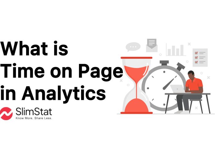 Illustration of a man working on a laptop next to a giant stopwatch and hourglass, representing the concept of “Time on Page analytics".