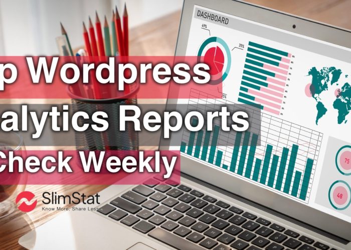 Laptop displaying colorful WordPress analytics reports with graphs, charts, and a world map, representing key metrics site owners should check weekly.