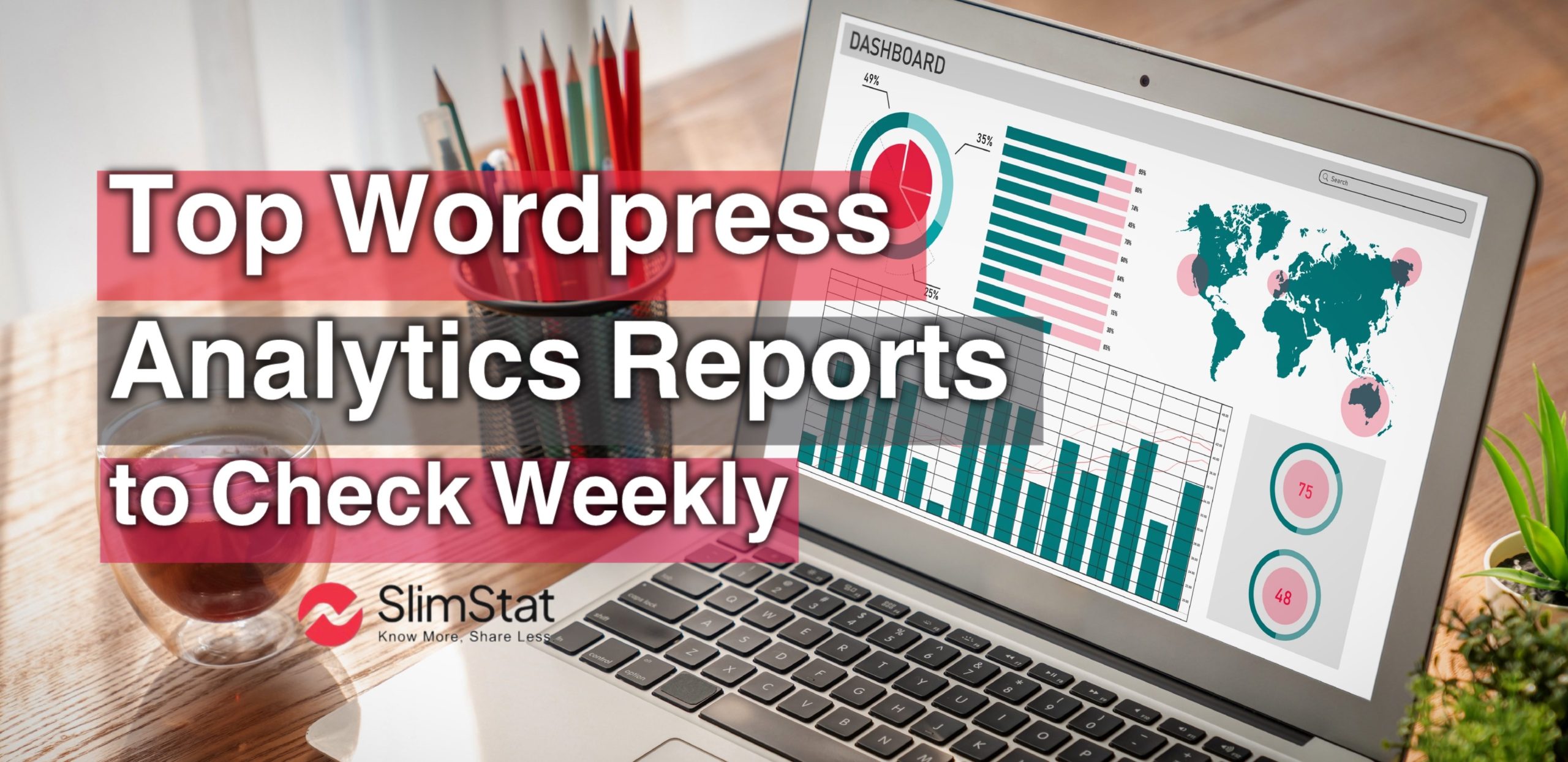 Laptop displaying colorful WordPress analytics reports with graphs, charts, and a world map, representing key metrics site owners should check weekly.