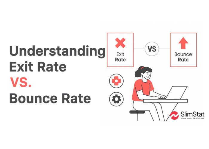 Illustration of a woman working on a laptop with visual icons comparing Exit Rate and Bounce Rate in web analytics.