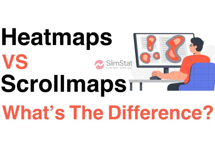 Illustration of a person analyzing heatmaps on a large computer screen, representing the difference between heatmaps and scrollmaps in website analytics.