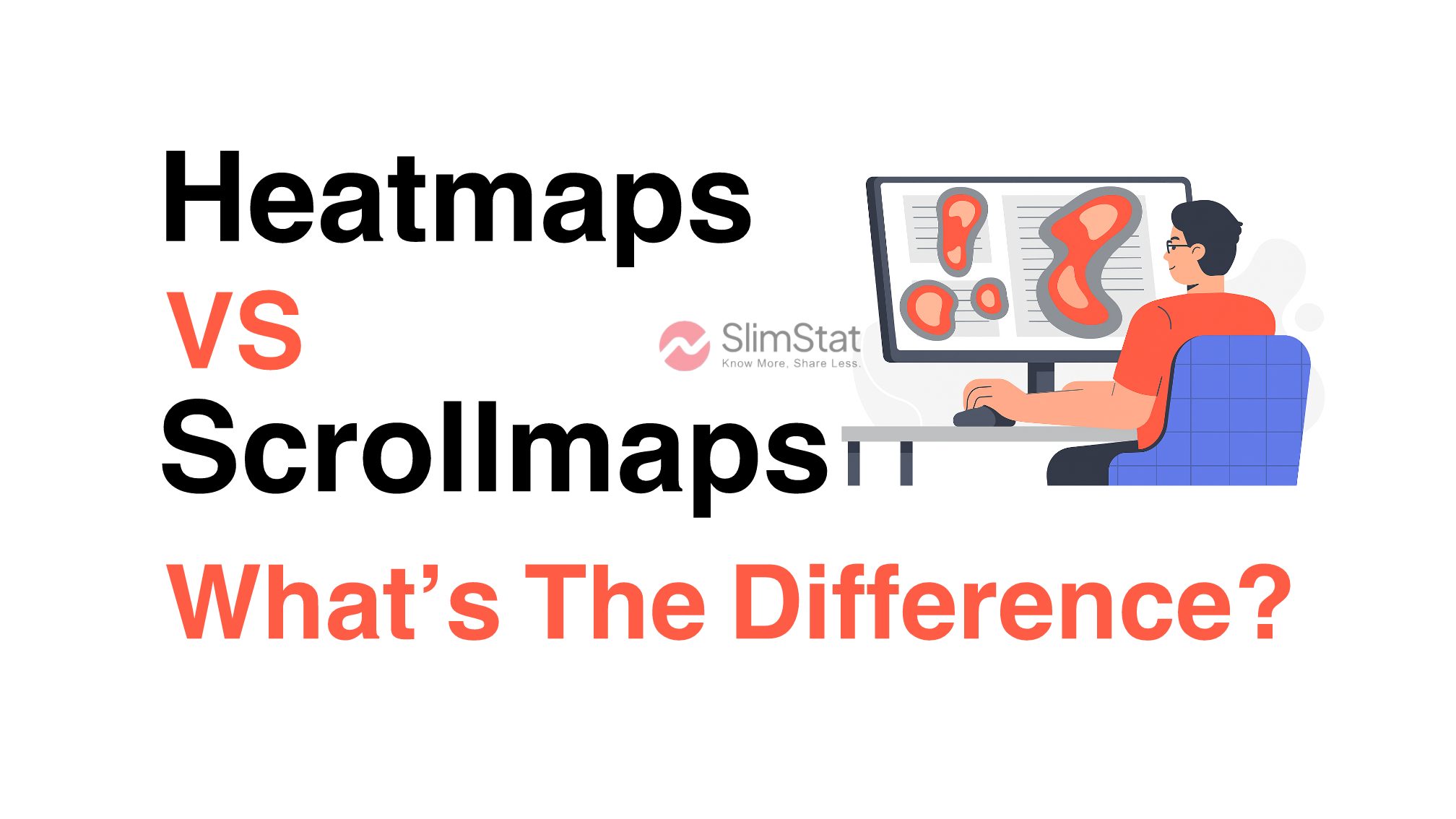 Illustration of a person analyzing heatmaps on a large computer screen, representing the difference between heatmaps and scrollmaps in website analytics.