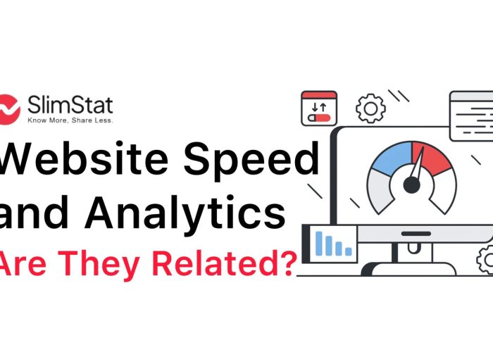 Infographic banner for Slimstat with the title ‘Website Speed and Analytics – Are They Related?’. The image features the Slimstat logo and tagline ‘Know More, Share Less.’ on the left, and a flat-style illustration of a computer dashboard on the right showing a speed gauge, bar chart, and settings icons in Slimstat’s color palette of red (#f22f46), gray, and blue, on a clean white background.