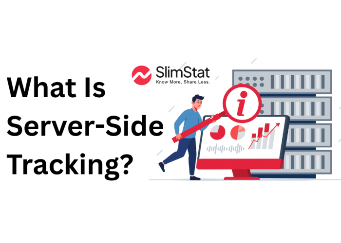 Banner graphic titled ‘What Is Server-Side Tracking?’ featuring Slimstat branding. The right side shows a flat-style illustration of a man holding a magnifying glass over an analytics dashboard displaying charts and graphs, with server racks in the background. The color palette uses Slimstat red (#f22f46), gray, blue, and white.