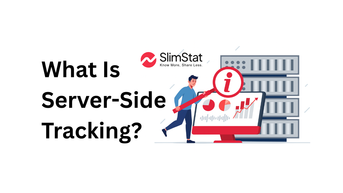 Banner graphic titled ‘What Is Server-Side Tracking?’ featuring Slimstat branding. The right side shows a flat-style illustration of a man holding a magnifying glass over an analytics dashboard displaying charts and graphs, with server racks in the background. The color palette uses Slimstat red (#f22f46), gray, blue, and white.