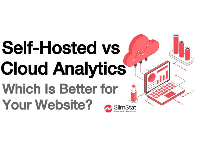Isometric illustration of a privacy-focused analytics setup showing a laptop dashboard connected to cloud data sources and servers, representing SlimStat’s lightweight, self-hosted web analytics and secure data flow.
