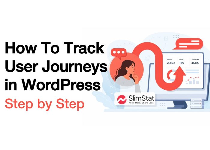 Illustration showing SlimStat analytics dashboard with user journey flow in WordPress, highlighting sessions, events, and bounce rate with a step by step tracking concept.