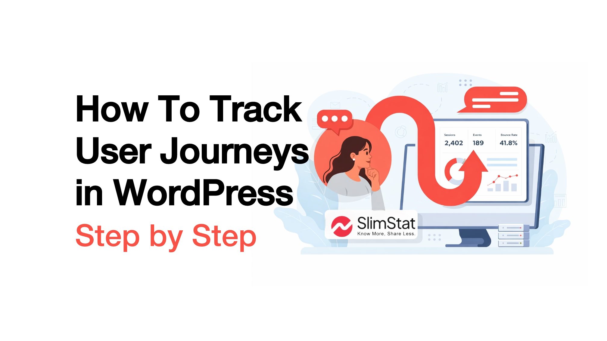 Illustration showing SlimStat analytics dashboard with user journey flow in WordPress, highlighting sessions, events, and bounce rate with a step by step tracking concept.