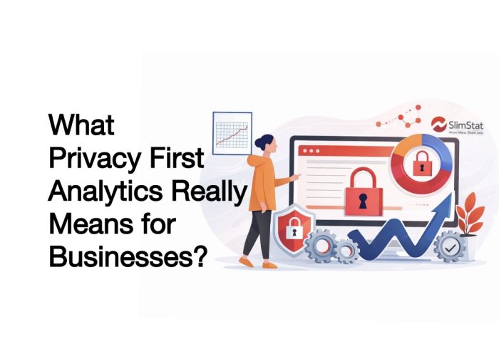 Privacy first analytics illustration showing secure website tracking, data protection, and business insights with Slimstat dashboard, lock icons, and performance growth charts.