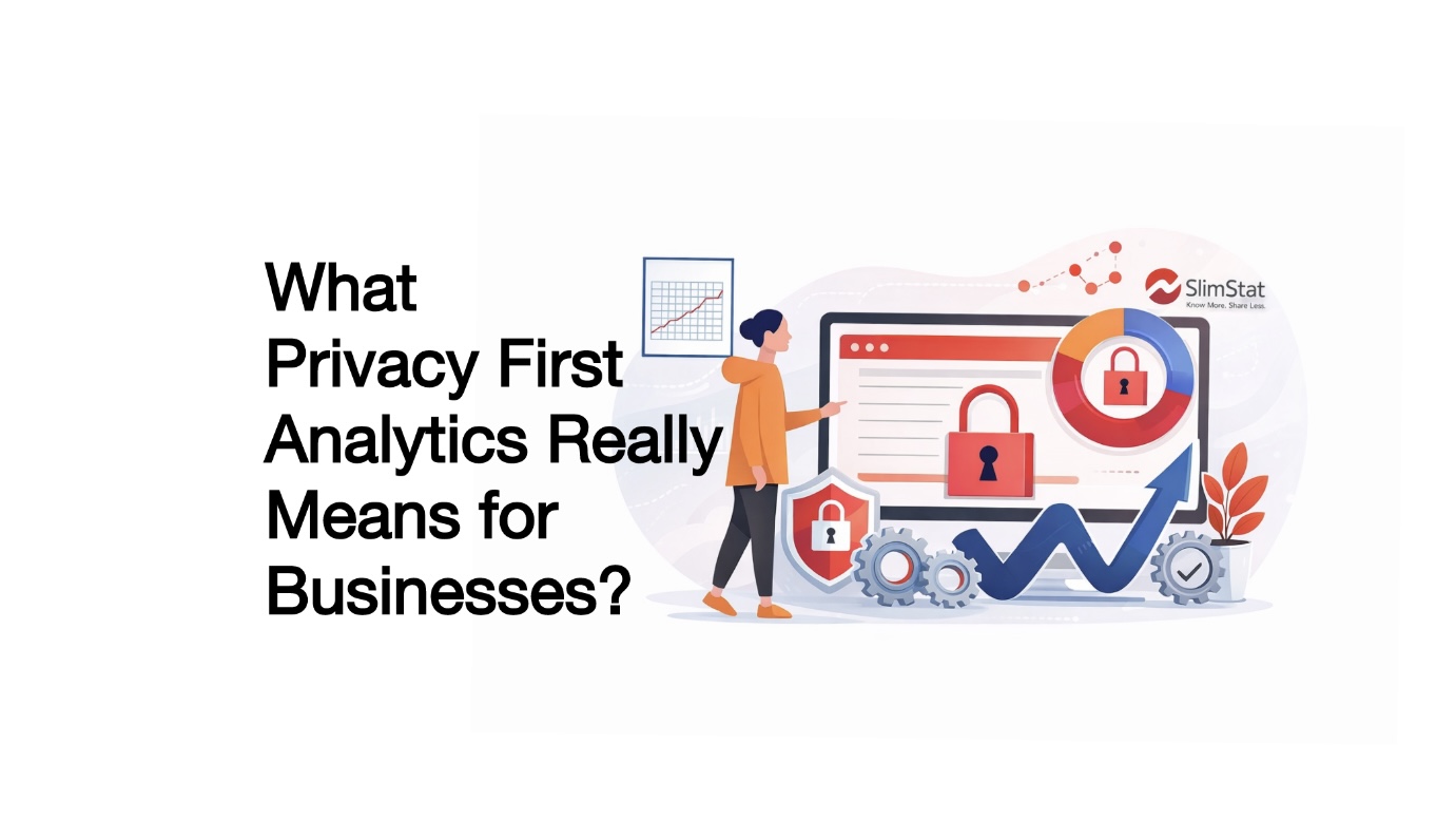 Privacy first analytics illustration showing secure website tracking, data protection, and business insights with Slimstat dashboard, lock icons, and performance growth charts.