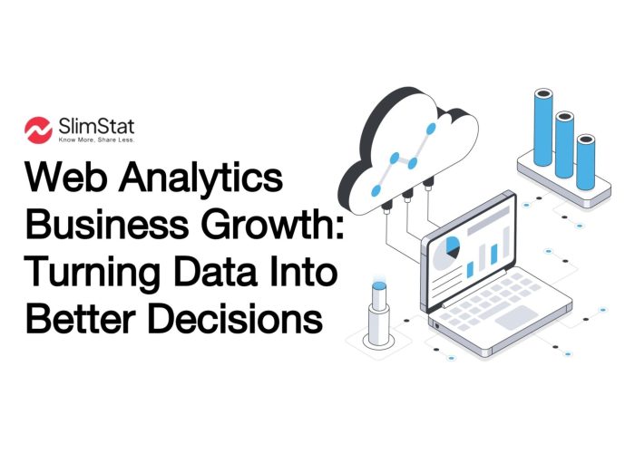 Header image with the title “Web analytics business growth” next to illustrated dashboards, charts, and user behavior icons, representing data analysis insights with Slimstat branding.