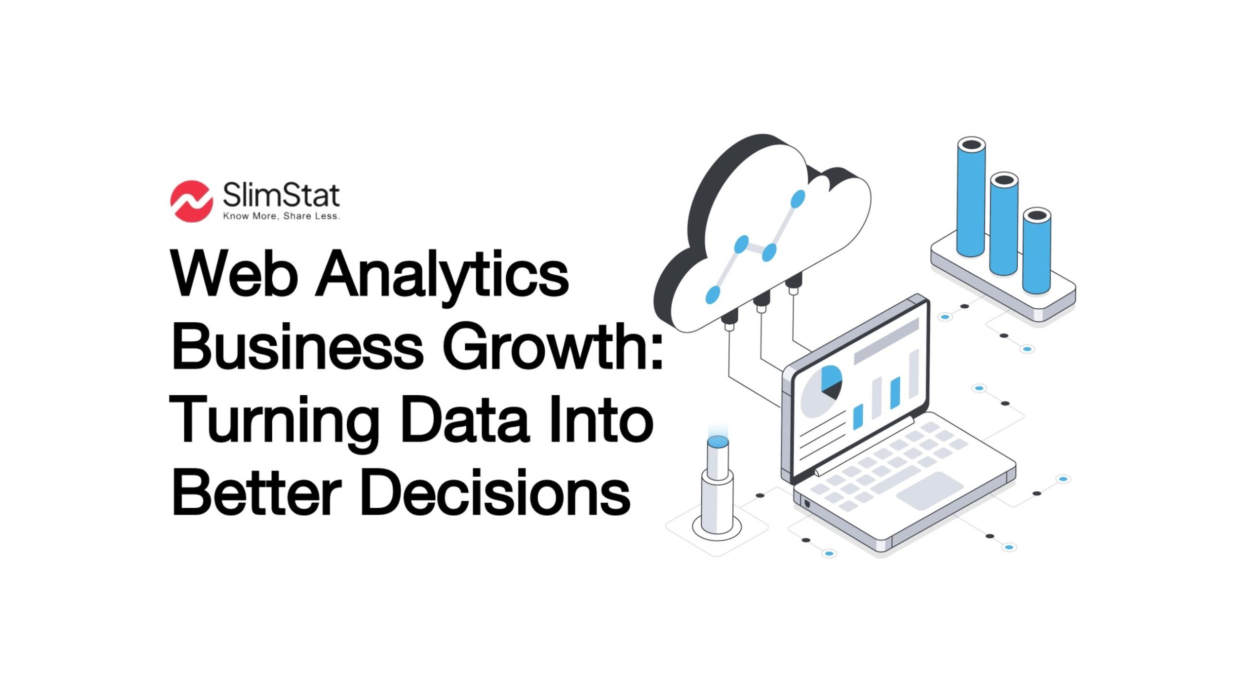 Header image with the title “Web analytics business growth” next to illustrated dashboards, charts, and user behavior icons, representing data analysis insights with Slimstat branding.