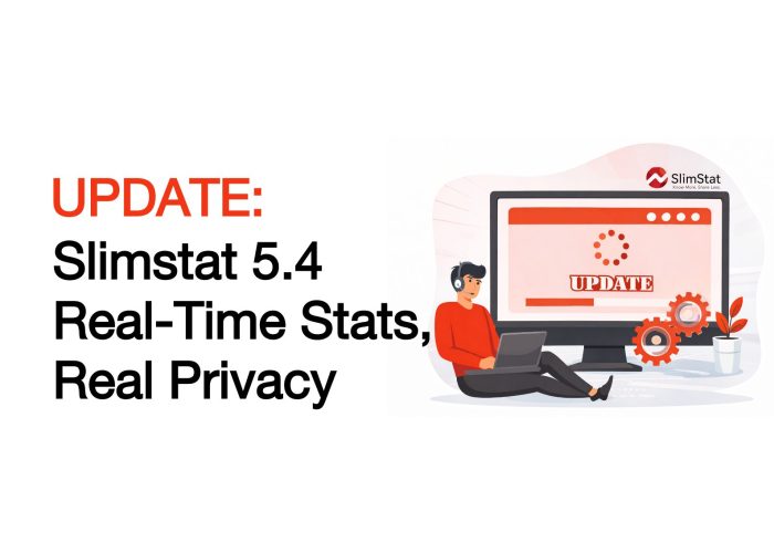 WordPress analytics update illustration showing Slimstat 5.4 release with real time stats, privacy focused tracking, and analytics dashboard update on a computer screen.